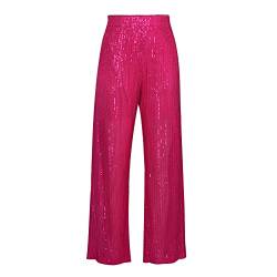 Aunaeyw Frauen Pailletten Breites Bein Hosen Hohe Taille Sparkle Glitter Hosen Glitzer Elastische Lose Flare Bell Bottom Glänzende Hose, rosarot, L von Aunaeyw