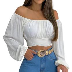 Damen Sommer Schulterfreie Crop Tops Rüschen Laterne Ärmel Krawatte Zurück Bluse Shirt(M-Weiß) von Ausla