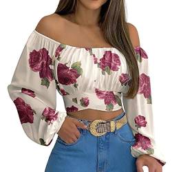 Damen Sommer Schulterfreie Crop Tops Rüschen Laterne Ärmel Krawatte Zurück Bluse Shirt(M-Weißer Rosendruck) von Ausla