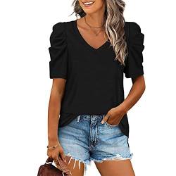 Damen V-Ausschnitt Casual Kurzarm Sommer T-Shirt Elegant PuffÄrmel Oberteile Lose Basic Blusentop(S-Schwarz) von Ausla