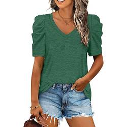 Damen V-Ausschnitt Casual Kurzarm Sommer T-Shirt Elegant PuffÄrmel Oberteile Lose Basic Blusentop(XXL-Grün) von Ausla