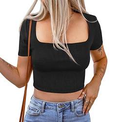 Sexy Crop-Top mit quadratischem Ausschnitt Rippstrick Kurzarm Bluse Oberteile Tops(M) von Ausla