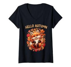 Damen Hello Fall Fuchs in Blättern Tier Herbst Saison Herbst T-Shirt mit V-Ausschnitt von Autumn Fall Season Autumnal Men Women Kids