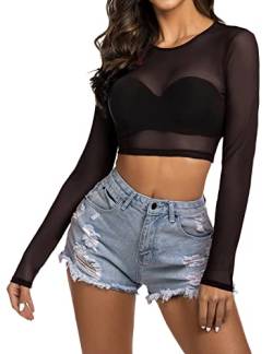 Avidlove Damen Bluse Sexy Top Festival Outfit Crop Oberteile Rave Body Langarm Shirt Mesh Clubwear Schwarz S von Avidlove