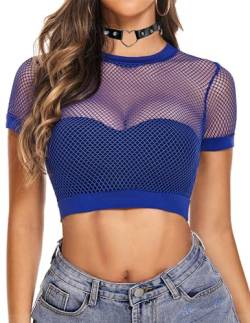 Avidlove Damen Crop Top Netz Sexy T-Shirt Kurzärm Mesh Tops Rundhals Party Outfit Tops Basic T-Shirt Blau XXL von Avidlove