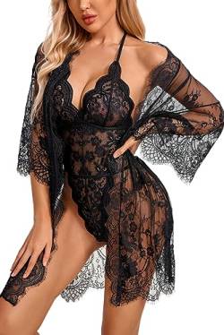 Avidlove Damen Dessous Set Sexy Body Spitzen Teddy Elegant Kimono Neckholder Reizwäsche Rückenfreies Outfit Zweiteiler Unterwäsche Schwarz M von Avidlove