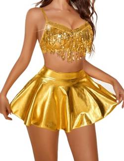 Avidlove Damen Dessous Set Latex Sexy Kostüme Outfit Frauen Fransen BH mit Minirock Set Gold XXL von Avidlove