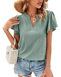 Avondii Damen Bluse Oberteile Sommershirts Casual Lose Tshirt V-Ausschnitte Leicht Tshirt Elegante Hemdbluse Shortsleeve Top(Lagunenblau, M) von Avondii