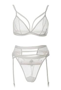 Awake Lingerie Muse Sexy Dessous Set 3 Teilig Push Up BH Tanga und Strapsen Unterwäsche Netz Reizwäsche Tiefer V-Ausschnitt Lingerie, Damen (Weiß, XL) von Awake Lingerie