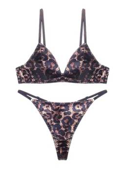 Awake Lingerie Stella Leopard Sexy Dessous-Set Ohne Bügel Dreieck BH und Slip Tanga, Chic Satin Damen Unterwäsche (Leopard, M) von Awake Lingerie