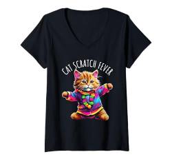 Damen Katzenkratzfieber, lustig, niedlich, bunt, tanzende Katze T-Shirt mit V-Ausschnitt von Awesome Cat Designs for Cat Owners