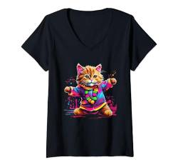 Damen Lustiges, niedliches buntes tanzendes Katzen-Design T-Shirt mit V-Ausschnitt von Awesome Cat Designs for Cat Owners