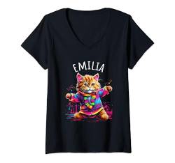 Damen Emilia Bunte tanzende Katze, Design für Mädchen, Name Emilia T-Shirt mit V-Ausschnitt von Awesome Emilia Designs for Girls Name Emilia