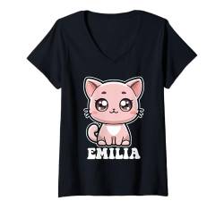 Damen Emilia Niedliches Katzenkätzchen-Design für Mädchen, Name Emilia T-Shirt mit V-Ausschnitt von Awesome Emilia Designs for Girls Name Emilia