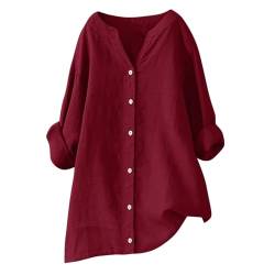 Musselin Bluse Damen Sommer Leinenbluse Langarm Oberteile Große Größen Hemdbluse Elegant Einfarbig Longbluse V-Ausschnitt Vintage Blusenshirt Bügelfrei Mittelalter Tuniken T-Shirts von Awrvia