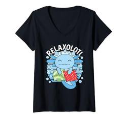Damen Relaxolotl Blaues Kawaii Axolotl Salamander T-Shirt mit V-Ausschnitt von Axolotl Bekleidung Damen Herren Jungen Mädchen