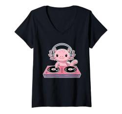 Damen Axolotl Dj Music Lover Lustiges Kawaii, für Jungen und Mädchen, süßes Axolotl T-Shirt mit V-Ausschnitt von Axolotl Funny Costume Outfit Adult Youth Gifts