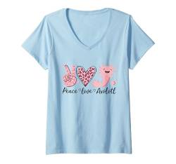 Damen Peace Love Axolotl Herzmuster mit Leopardenmuster für Mädchen, niedliches Axolotl T-Shirt mit V-Ausschnitt von Axolotl Funny Costume Outfit Adult Youth Gifts