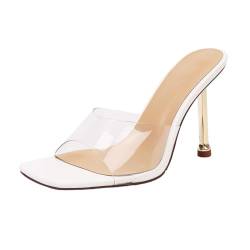 Weiß,35 EU,9,5 cm Damen Große Größe Stiletto Quadratische Zehe Offene Spitze Hausschuhe Offene Spitze Slip on Hochzeit Mode Kleid High Heel Slides von Axrrl