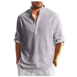 Oversize Shirt Herren Hemd Herren Kurzarm Langarm Shirts Herren BeiläUfig Leinen Einfarbige Langarm Henley Shirt Mit Knopfleiste Atmungsaktiv Stehkragen Shirt Top Weiß (Grau, 5XL) von Azruma