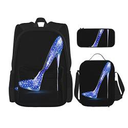 3 Stück Set Rucksäcke Girly High Heel Blau Diamant Nieten Schuh Auf Schwarz Schönheit Frau Buch Tasche Reise Camping Arbeit Schule, farbe, 5.0cm*10.5cm*20.5cm, federmäppchen von BAAROO