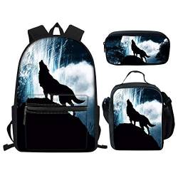 Kinder Schultasche mit Lunchtasche für Jungen Wolf Roar Print Mädchen Büchertasche Pack Rucksack und Lunchbox Halter Langer Gurt Stift, farbe, 5.0cm*10.5cm*20.5cm, federmäppchen von BAAROO