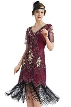 BABEYOND 1920s Kleid Damen Flapper Kleid mit Kurzem Ärmel Gatsby Motto Party Damen Kostüm Kleid (RotGold, S) von BABEYOND