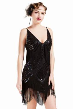 BABEYOND 1920s Kleid Damen Sexy V Ausschnitt Flapper Charleston Kleid 20er Jahre Retro Stil Great Gatsby Motto Party Damen Fasching Kostüm Kleid (Schwarz XXXL) von BABEYOND