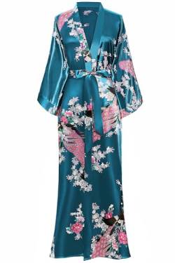 BABEYOND Damen Morgenmantel Maxi Lang Satin Sommer Kimono Blumen Muster Gedruckt Bademantel Kimono Damen Lange Robe Blumen Schlafmantel Girl Pajama Party Smaragdgrün von BABEYOND