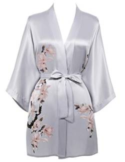 BABEYOND Kimono-Bademantel, kurz, Satin, Blumenmuster, Kimono, Bluse, lockerer Junggesellinnenabschied, Grau, Einheitsgröße von BABEYOND