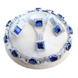 BAFAFA Brautschmuck-Set aus 925er-Silber, blauer Zirkonia, Damen-Kostüm-Anhänger, Hochzeit-Halsketten-Set for Frauen, Stein-Ohrringe, Armbänder, Ring (Color : 4PCS-Blue, Size : 9) von BAFAFA