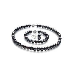 BAFAFA Perlenschmuck-Sets, Süßwasser-Halskette, Armband, Ohrringe, Set for Frauen, 9–10 mm, schwarze weiße Perle (Color : Svart, Size : 18 inch 8inch) von BAFAFA