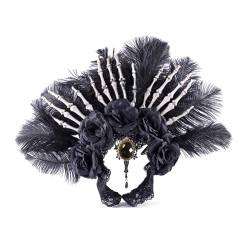 BAHJKASD Elegante Stirnbänder mit Kunstblumen, Federn, Haarreifen mit Handschädel für Damen, Halloween-Partyzubehör, Cosplay-Stirnbänder für Damen, Cosplay, Stirnband, schwarz, Halloween, Cosplay mit von BAHJKASD