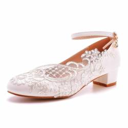 BAIRUNDA Damen Hochzeitsschuhe, 3 cm Weiße Brautkleid Schuhe Spitze Blume Quadratischer Absatz Runde Zehen Knöchelschnalle Brautjungfer Bequeme Freizeitschuhe, 38 EU,White von BAIRUNDA
