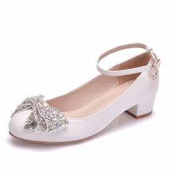 BAIRUNDA Damen Hochzeitsschuhe, 3 cm Weiße Brautkleid Schuhe Strass Schleife Quadratischer Absatz Runde Zehen Flacher Mund Knöchelschnalle Bequeme Freizeitschuhe, 37 EU,White von BAIRUNDA