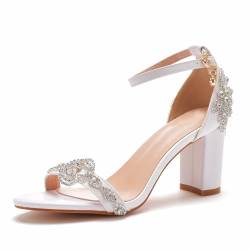 BAIRUNDA Damen Sandalen Mit Dickem Absatz, 7 Cm Strasssteine Weiße Brautschuhe Hochzeitskleid Flacher Mund High Heels Offene Zehen Bequeme Damenschuhe, 42 EU,White von BAIRUNDA