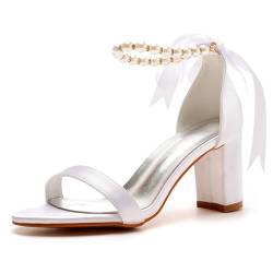 BAIRUNDA Damen Sandalen Mit Dickem Absatz, 7 Cm Weiße Satin Brautschuhe, Hochzeitskleid Flacher Mund Perlenbesetzte High Heels Offene Zehen Bequeme Damenschuhe, 35 EU,White von BAIRUNDA