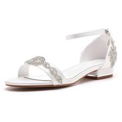 BAIRUNDA Flache Damensandalen, Weiße Satin Brautschuhe Strasssteine Hochzeitskleid Flacher Mund Offene Zehen Knöchelschnalle Bequeme Freizeitschuhe, 43 EU,White von BAIRUNDA