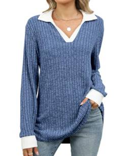 BAISHENGGT Damen Strickpullover Farbe Kontrast T Shirt Freizeit V Ausschnitt Langarm Gerippte Pulli Tee Tops Blau XXL von BAISHENGGT