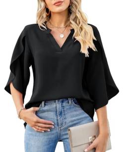 BAISHENGGT Prinzessin Anna Blusen Tuniken für Damen Sommer Chiffon Tops 3/4-Arm V-Ausschnitt Shirt Streetwear Bluseshirt Oberteile Schwarz XL von BAISHENGGT