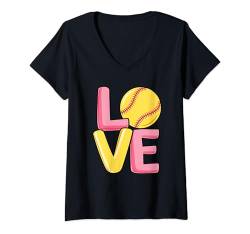 Damen Love Softball Softballspieler Damen Mädchen Kinder T-Shirt mit V-Ausschnitt von Softball Bekleidung Damen Herren Mädchen Jungen