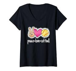 Damen Peace Love Softball Softballspieler Damen Mädchen Kinder T-Shirt mit V-Ausschnitt von Softball Bekleidung Damen Herren Mädchen Jungen