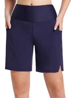 BALEAF Badeshorts Damen Lang Knielang Schnelltrocknend Badehose UV Schutz UPF 50+ Schwimmhose Hohe Taille Boardshorts mit Innenslip und Taschen Blau S von BALEAF