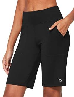 BALEAF Damen 10" Bermuda Shorts Knielang Sommer Kurze Hose Hohe Taile Sporthose kurz mit Taschen Laufshorts Runningshorts Schwarz M von BALEAF