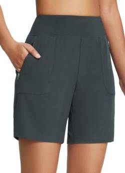 BALEAF Damen Bermudashorts Sportshorts mit Taschen Laufshorts Schnelltrocknend Bermuda Shorts Knielange Trainingsshorts lang Grau XL von BALEAF