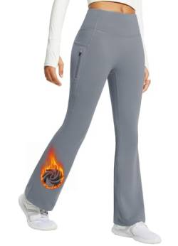 BALEAF Damen Fleece Lined Thermo Yogahose Bootcut Flare Hose High Waist Outdoorhose Wasserdicht Warm mit Taschen Grau 2XL von BALEAF