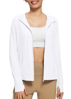 BALEAF Damen UV SPF UPF 50+ Shirt mit Kapuze Sonnenschutz Langarm Shirt Kapuzenjacke mit Reißverschluss Sun Hoodie Weiß XL von BALEAF