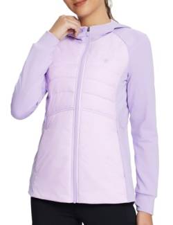 BALEAF Damen isoliert Laufjacken Wasserdicht Puffer Hybrid Daunen Winterjacke Wandern Reißverschlusstaschen mit Hoodie Violett XL von BALEAF