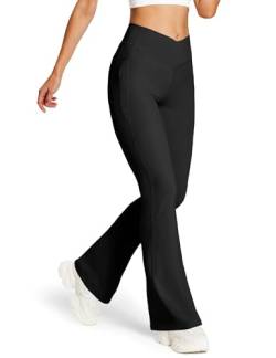 BALEAF Yogahose Damen Lang High Waist Schlaghose mit Taschen Slim Fitness Bootcut Leggings Stretch Weich Jogginghose Bauchkontrolle Sporthose Schwarz XS von BALEAF