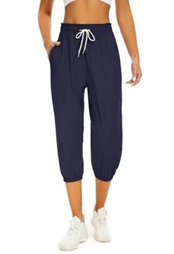 BATHRINS Damen Jogginghose 3/4 Hose Sporthose Sommer Freizeithosen Loose Bequeme Trainingshose mit Taschen und Verstellbarem Kordelzug von BATHRINS